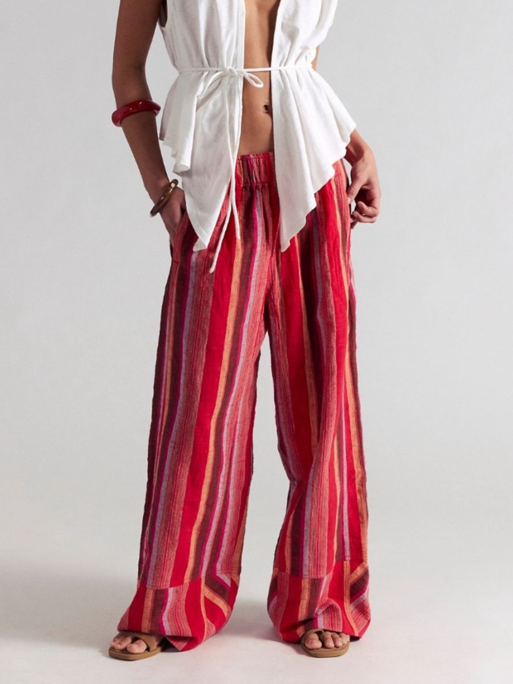 NWT Free People Day’s End Linen Striped Pants, Cherry Combo, XS